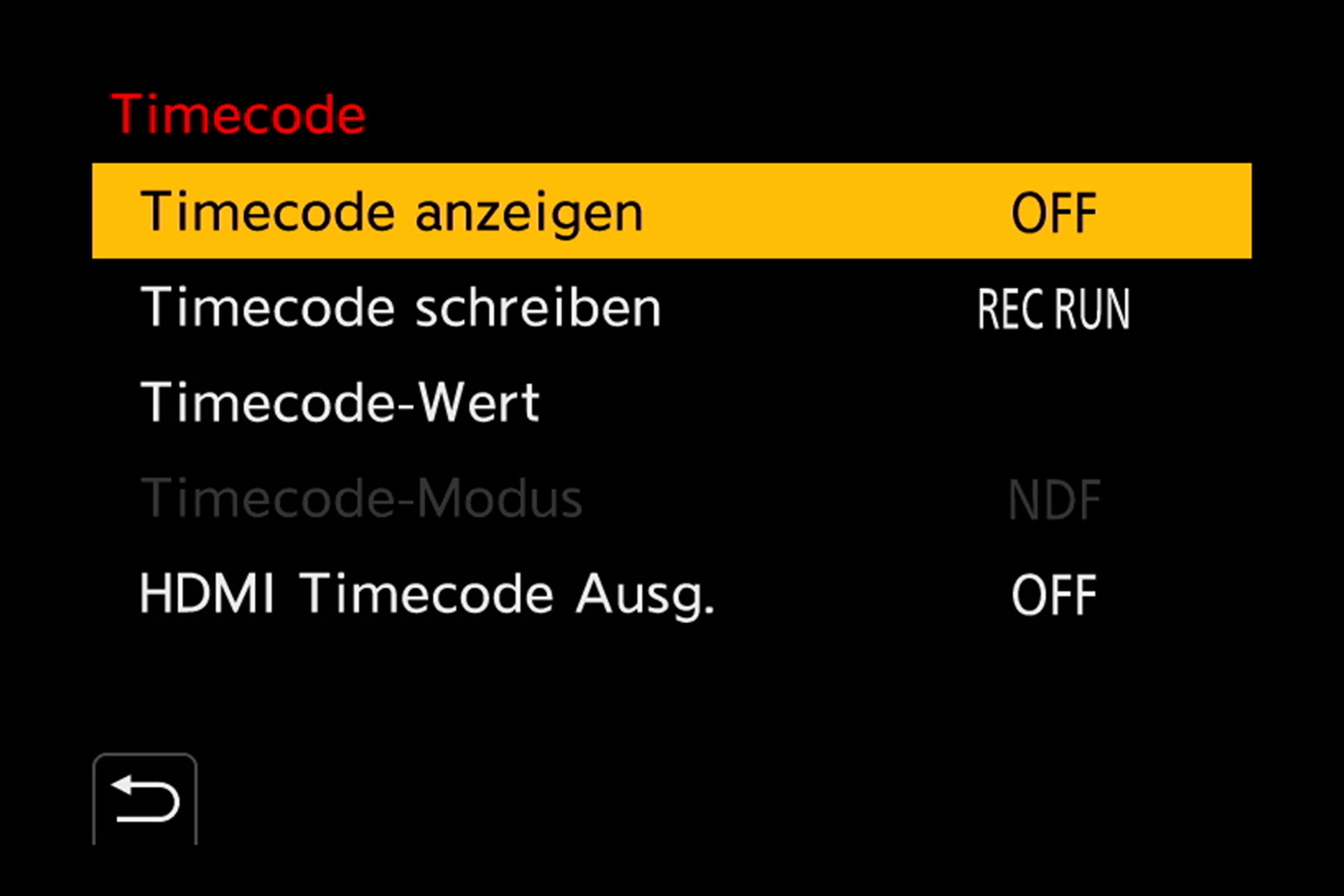 Video-Untermenü, Timecode-Einstellungen