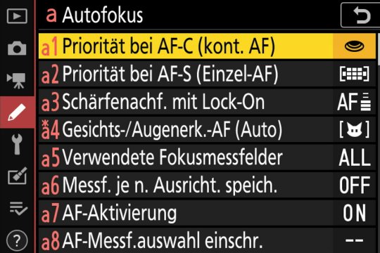 Autofokus-Menü a1 bis a8.