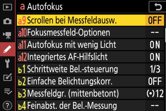 Autofokus-Menü a9 bis a12.