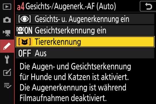 AF-Gesichts-/Augenerkennung für Hunde und Katzen.