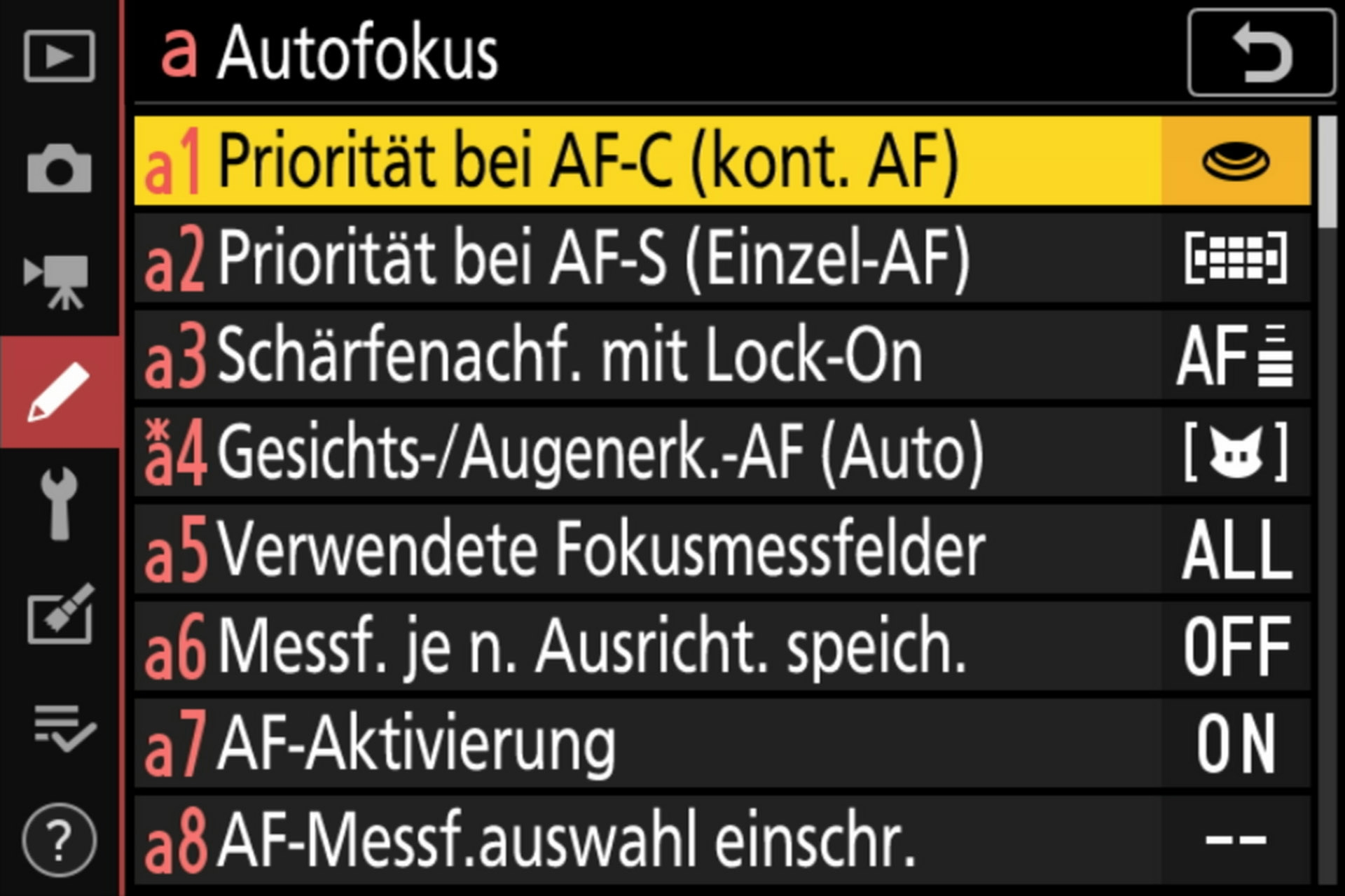 Autofokus-Menü a1 bis a8.