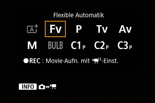 Aufnahme-Modi per Touchscreen wählen. Das «Fv» steht für die flexible Automatik.