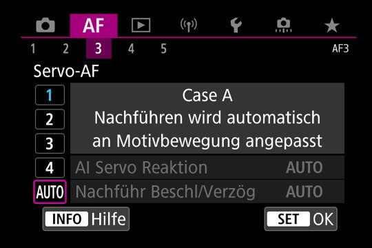 Untermenü Autofokus: Servo-AF-Variante Auto.