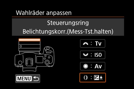 Funktionsauswahl für den Steuerungsring am Objektiv.