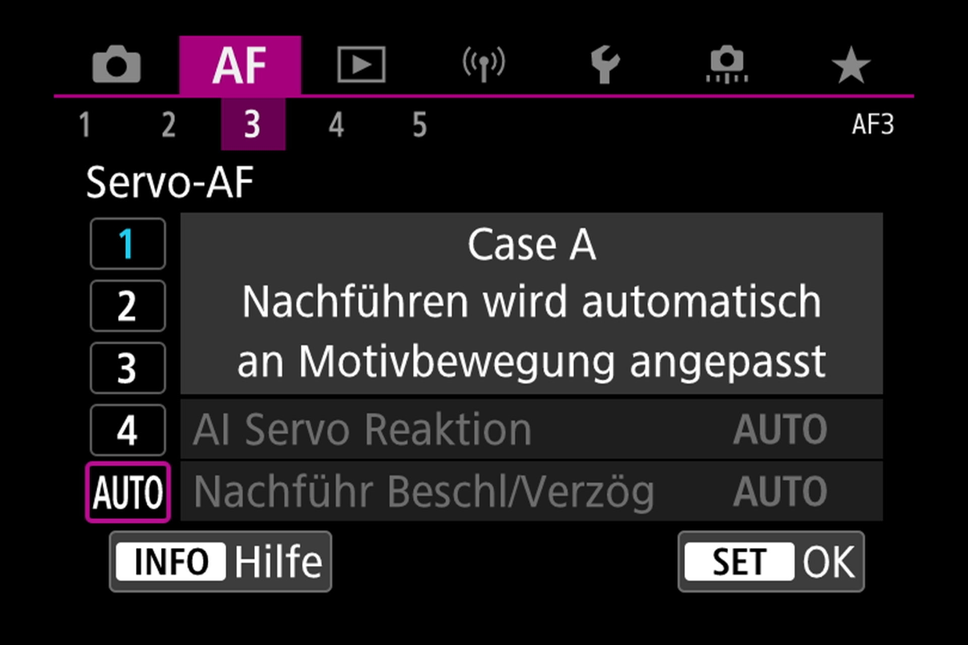 Untermenü Autofokus: Servo-AF-Variante Auto.