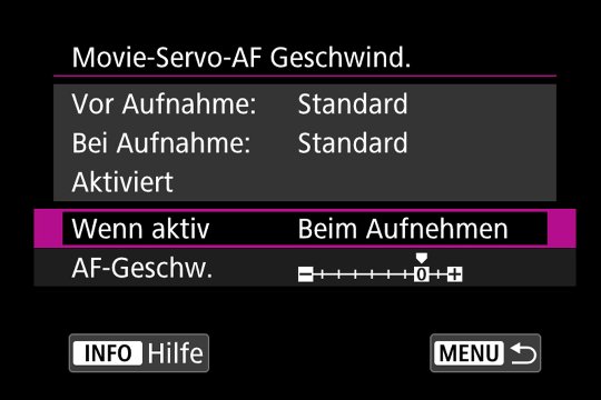 Untermenü Autofokus: Movie-Servo-AF Geschwindigkeit.