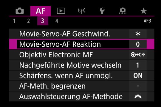 Autofokus-Menü 3: Movie-Servo-AF Anpassungen.