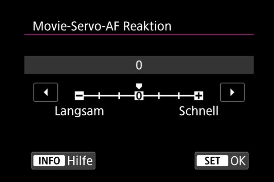 Untermenü Autofokus: Movie-Servo-AF Reaktion.