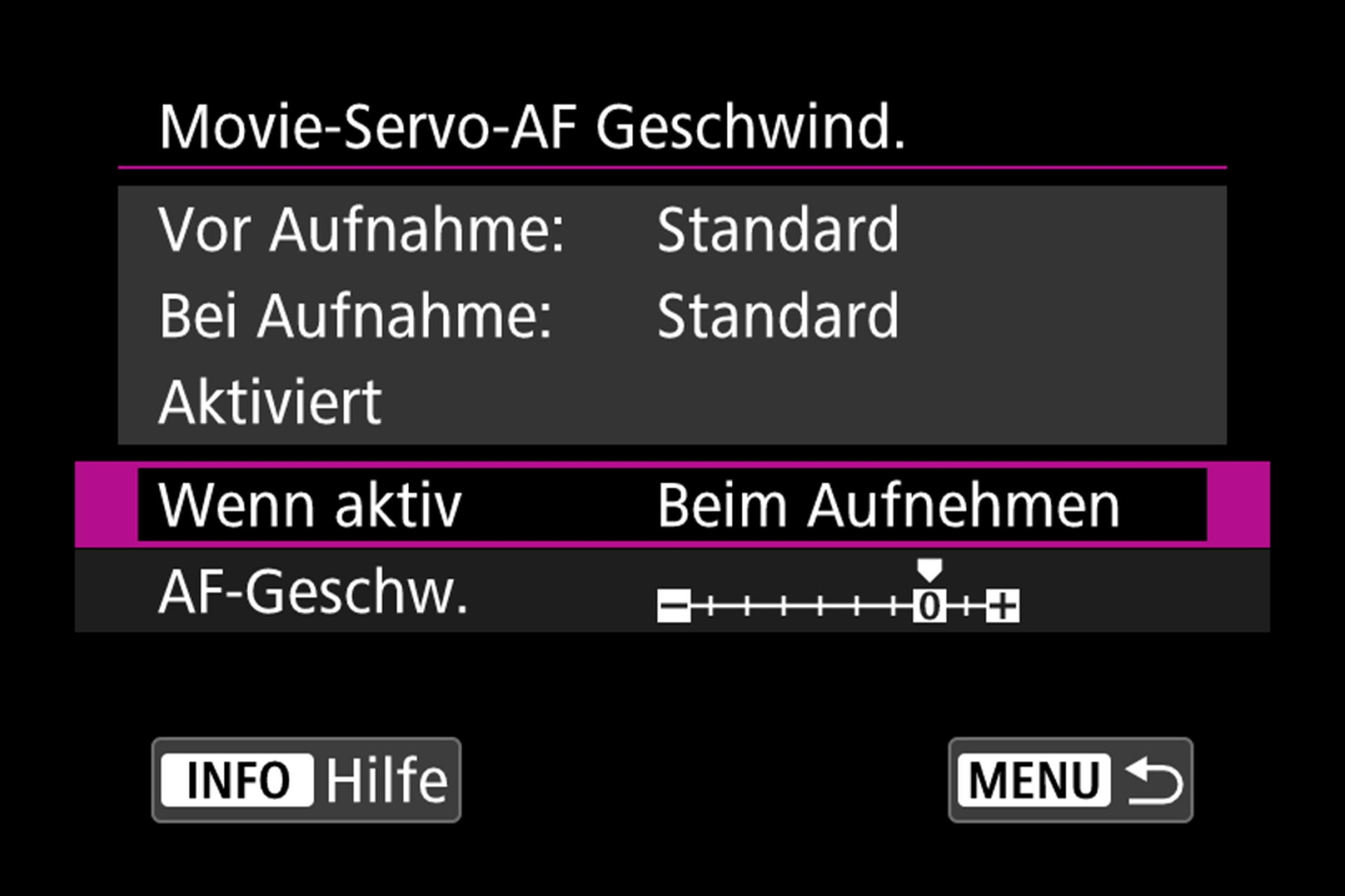 Untermenü Autofokus: Movie-Servo-AF Geschwindigkeit.