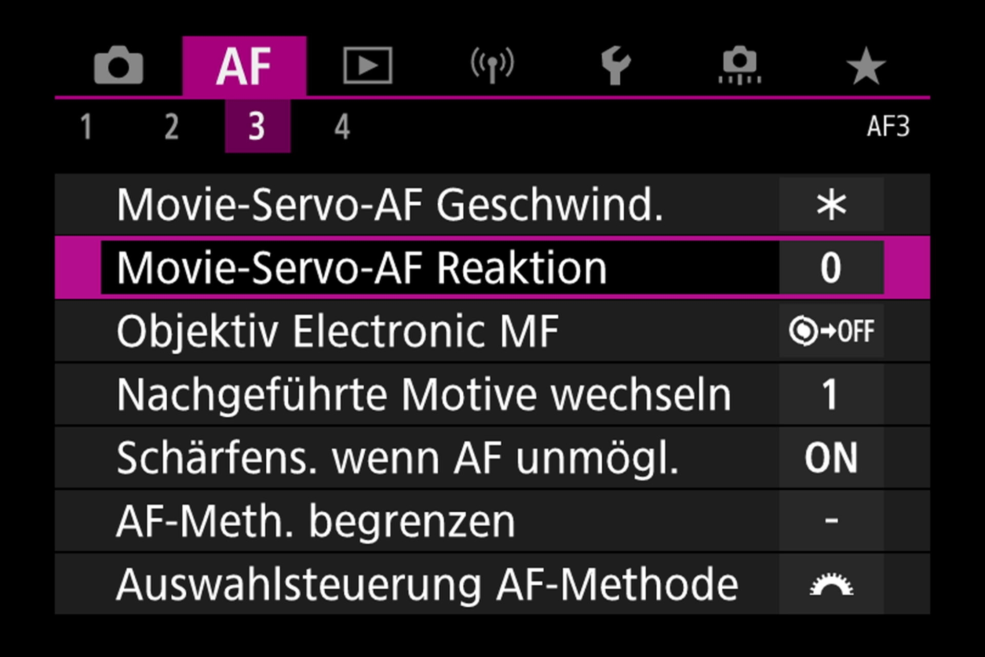 Autofokus-Menü 3: Movie-Servo-AF Anpassungen.