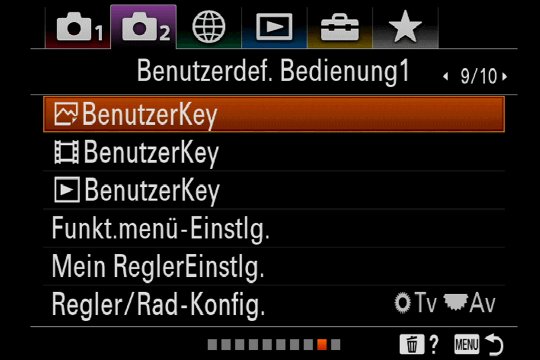 Menü für benutzerdefinierte Tasten, nach Foto, Video und Wiedergabe getrennt.