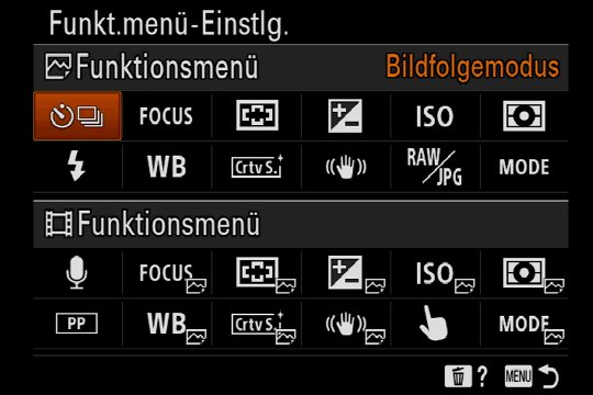 Eigene Einstellungen für das Funktionsmenü bei Foto und Video.