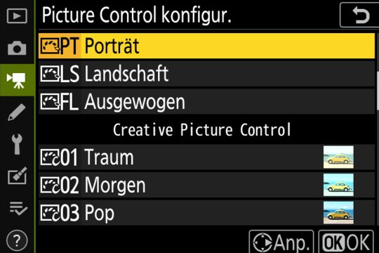 Picture-Control-Menü Seite 2, mit Creative Picture-Control