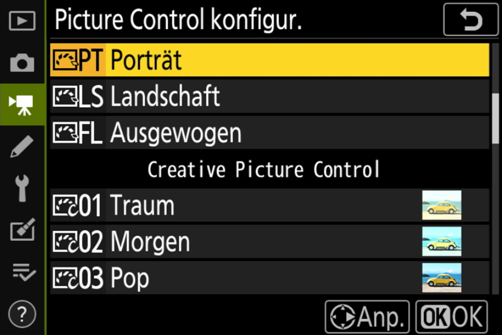 Picture-Control-Menü Seite 2, mit Creative Picture-Control