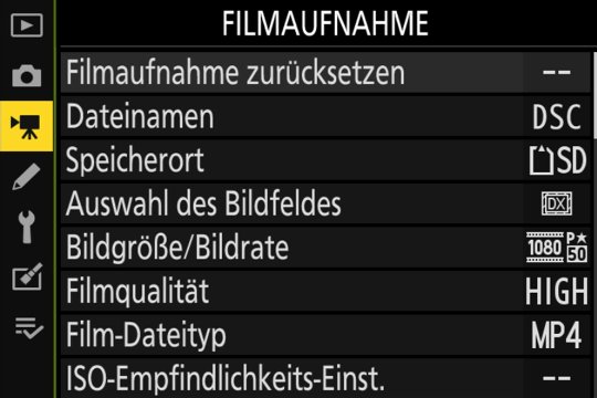 Filmaufnahme; Hauptmenü