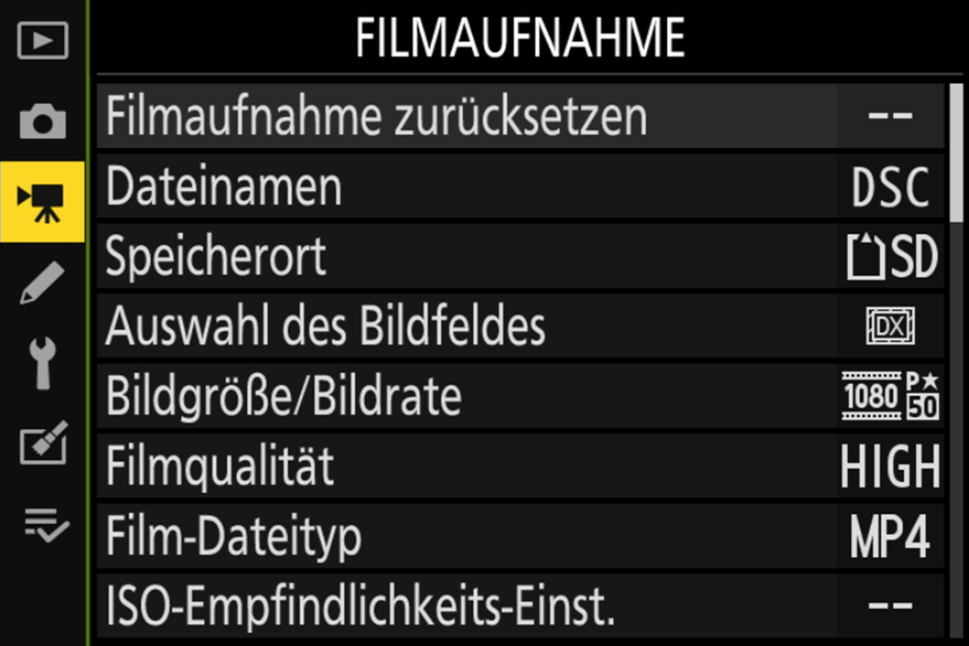 Filmaufnahme; Hauptmenü
