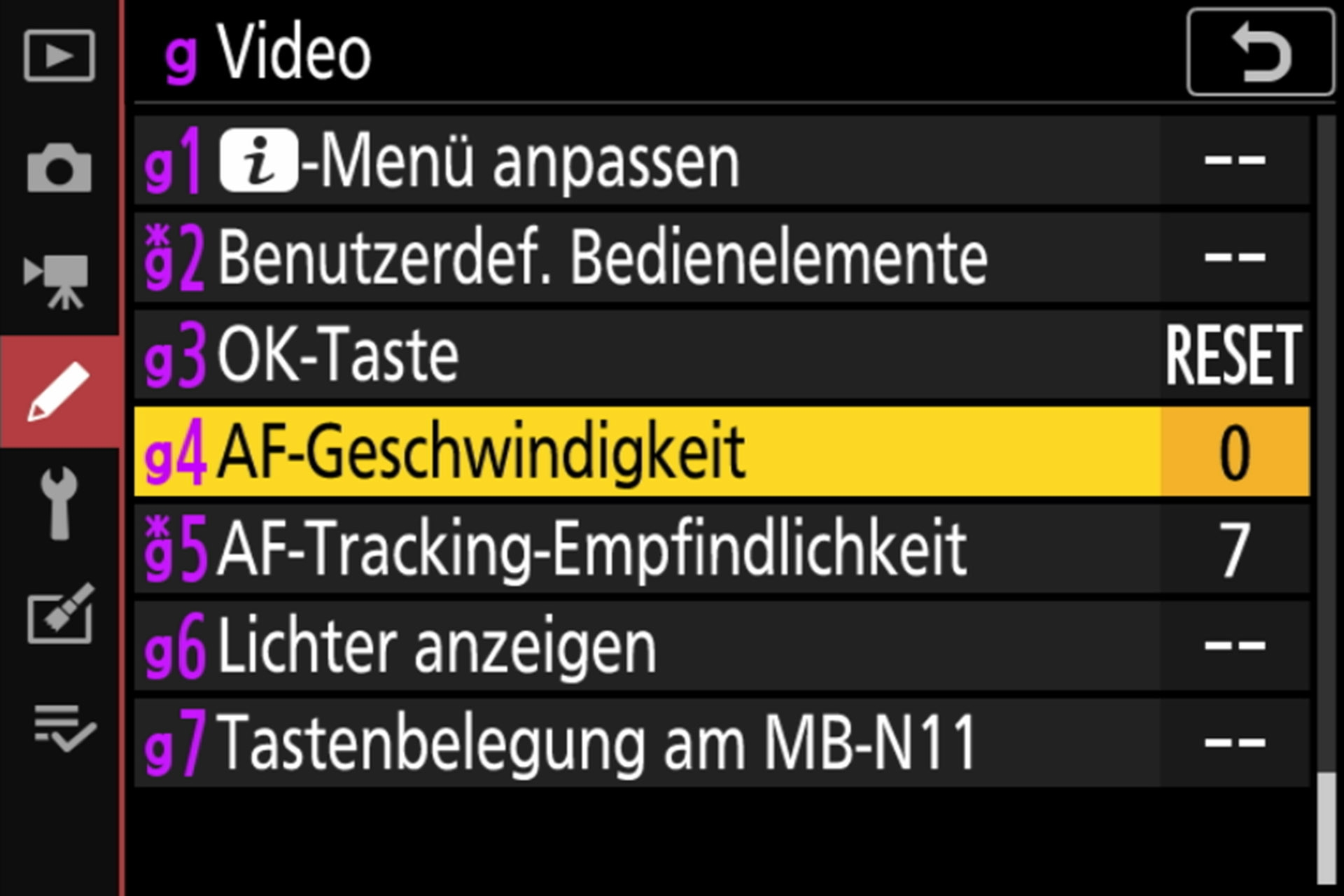 Einstellungsmenü; Videoseite