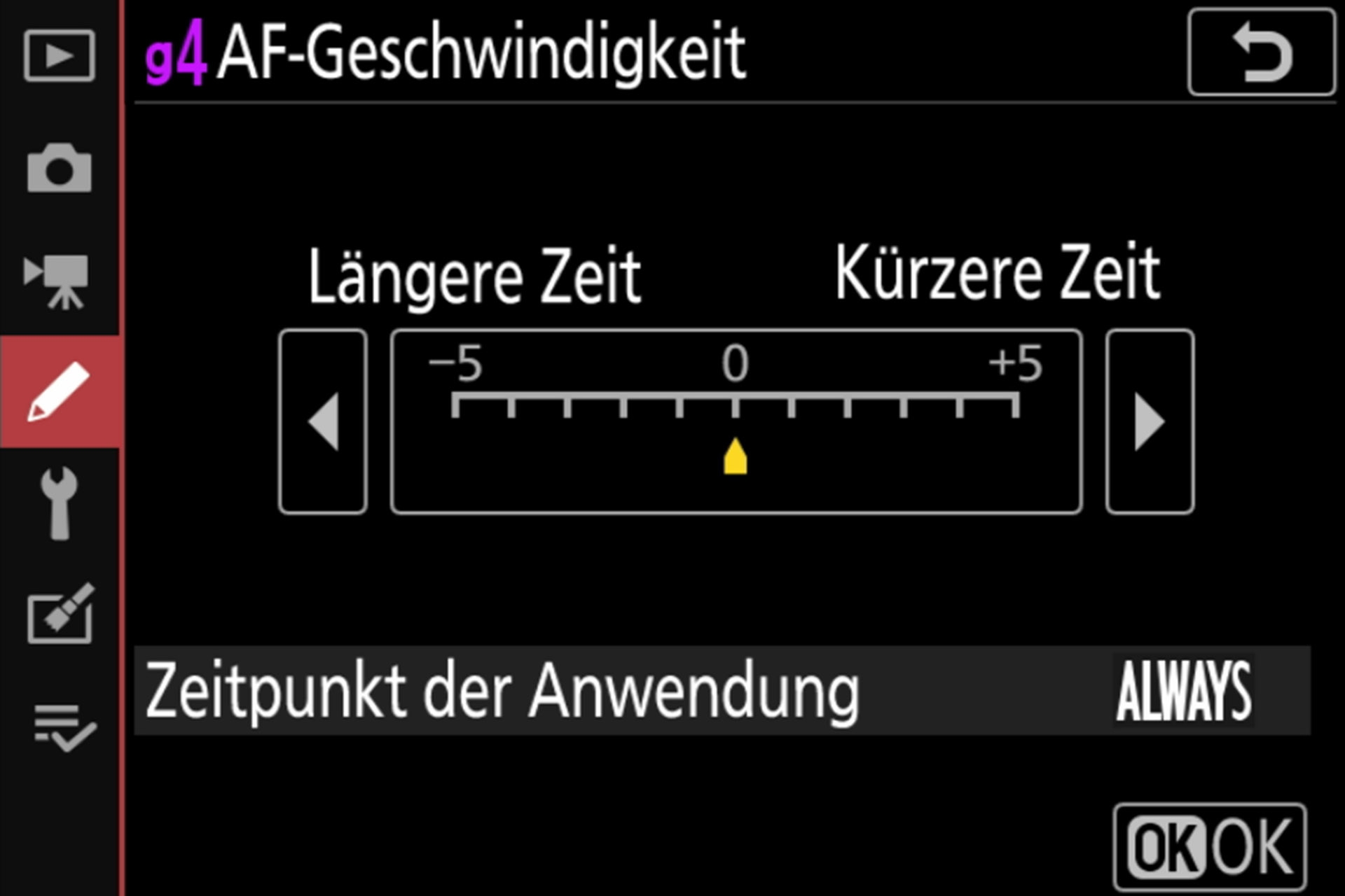 Einstellungsmenü Video; AF-Geschwindigkeit