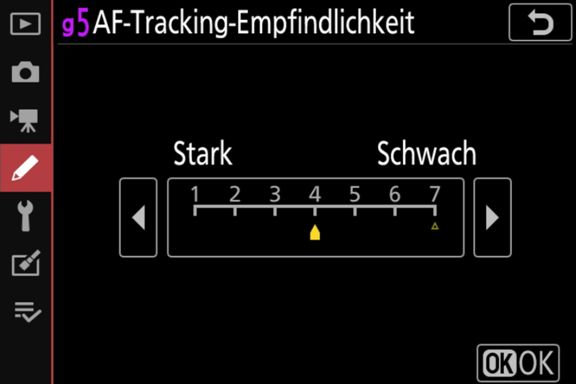 Einstellungsmenü Video; AF-Tracking-Empfindlichkeit