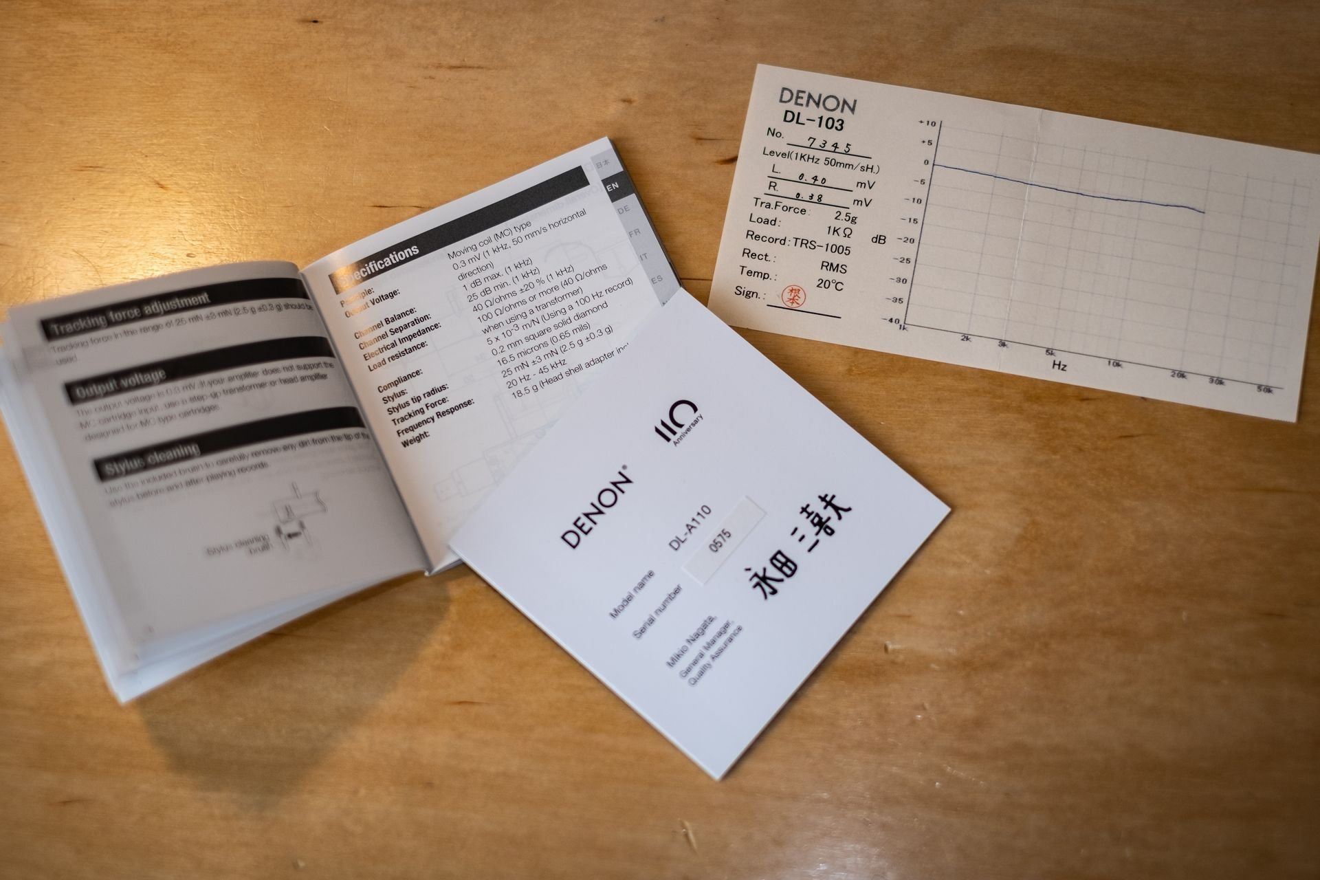 Die Bedienungsanleitung, die Garantiekarte und der Frequenzschrieb der DL-103 Tonzelle gehören auch zur Ausrüstung.