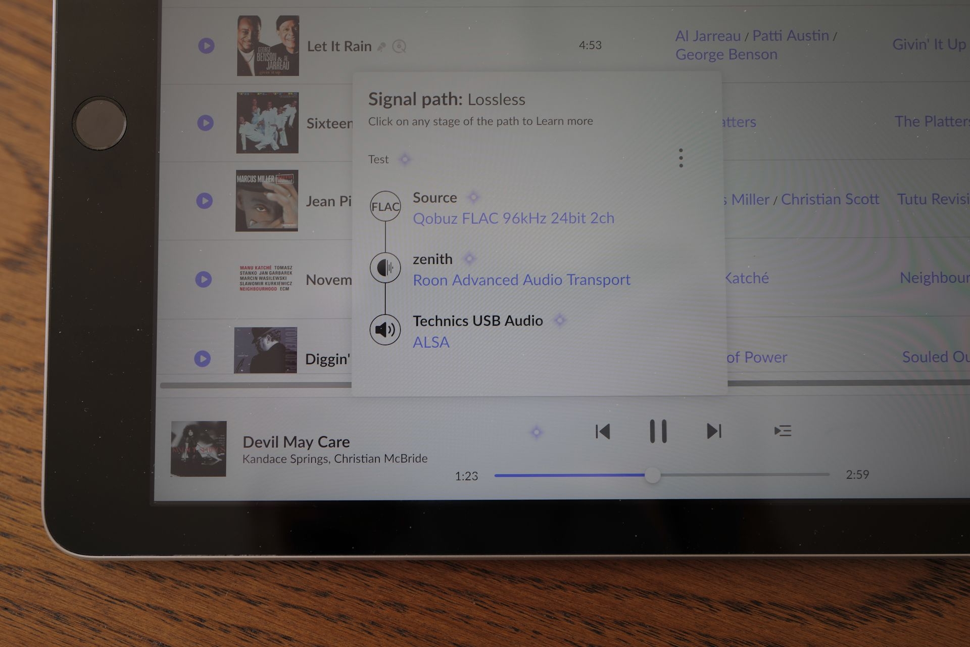 Musikwiedergabe digital: Signalpfad von Qobuz über den Roon Core des Musikservers bis hin zur USB-Schnittstelle des SU-R1000 von Technics.