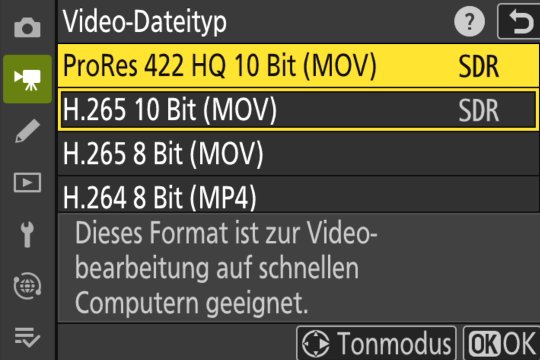 Videomenü, Dateitypen ProRes, H.265, H.264.