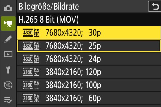 Videomenü, Bildgrösse Seite 1, 8K/UHD bis 4K/UHD.
