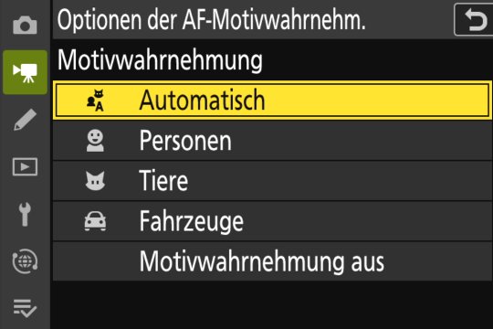 Videomenü, Autofokus-Motiverkennung auch beim Filmen.
