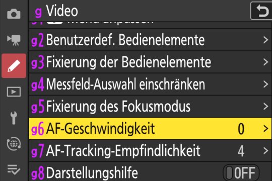 Individualfunktions-Menü, Autofokus-Feineinstellungen für Video.