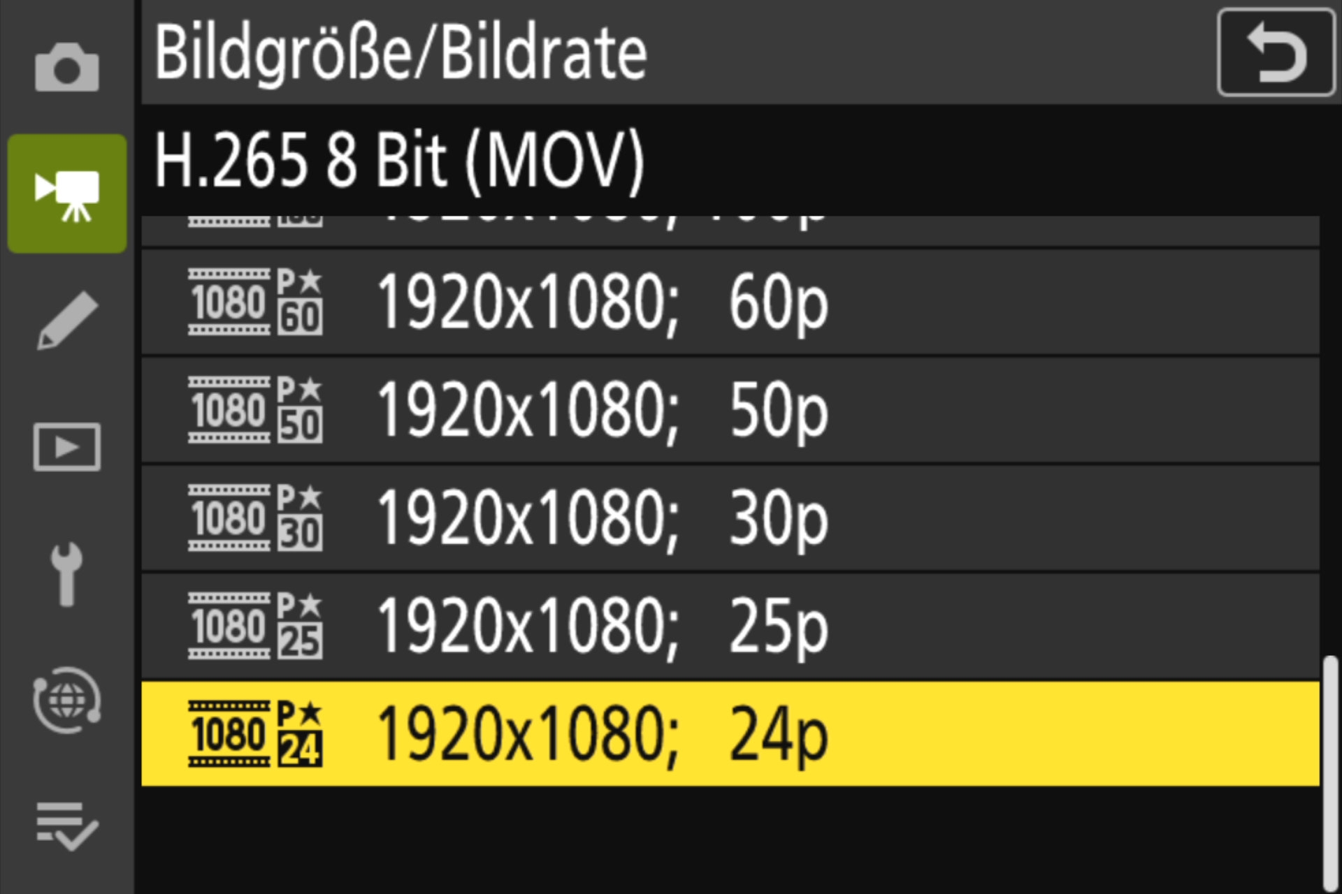 Videomenü, Bildgrösse Seite 3, Full-HD.