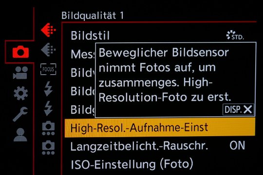 Menüseite mit Hilfetext für die High-Res-Aufnahme-Einstellungen.