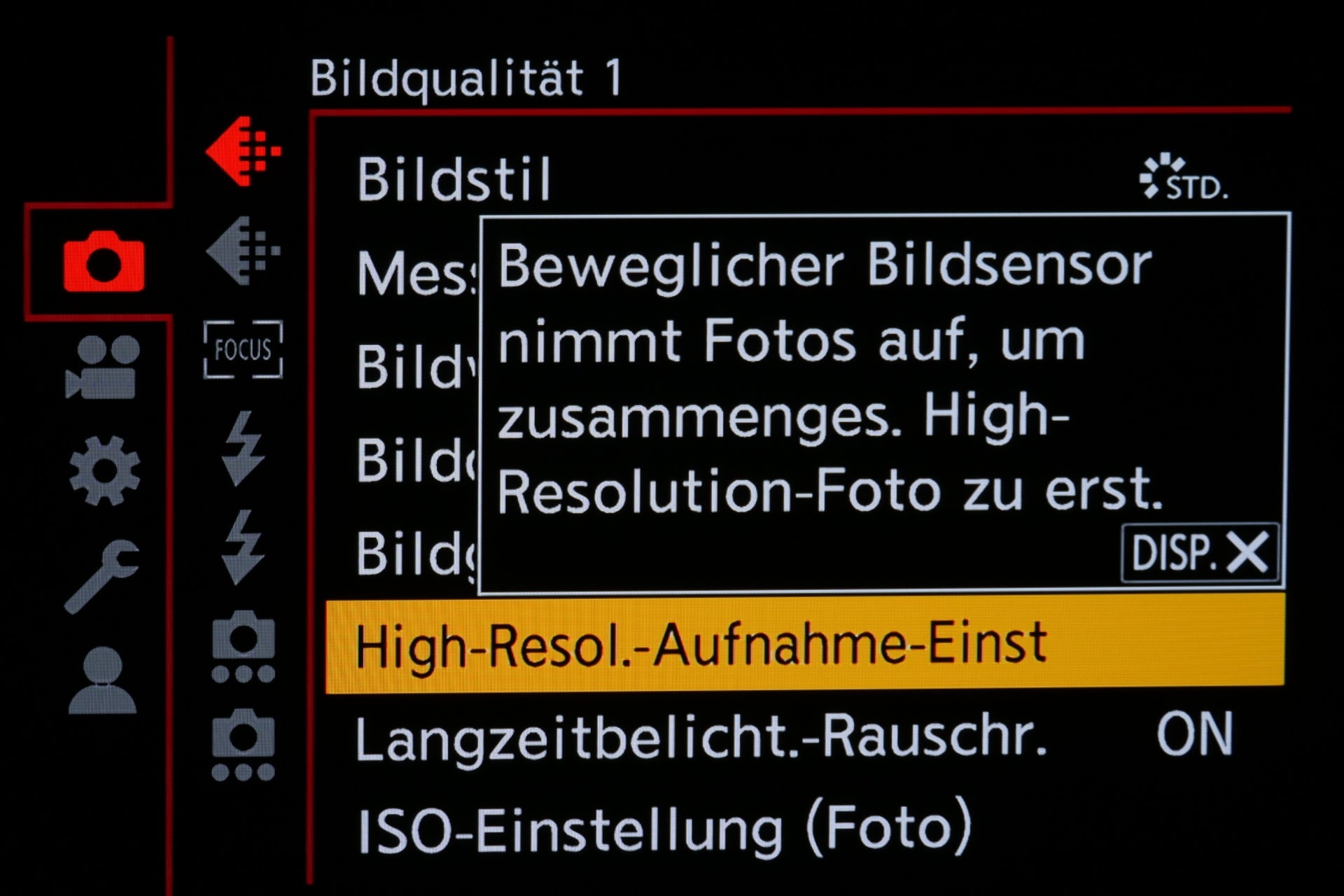 Menüseite mit Hilfetext für die High-Res-Aufnahme-Einstellungen.
