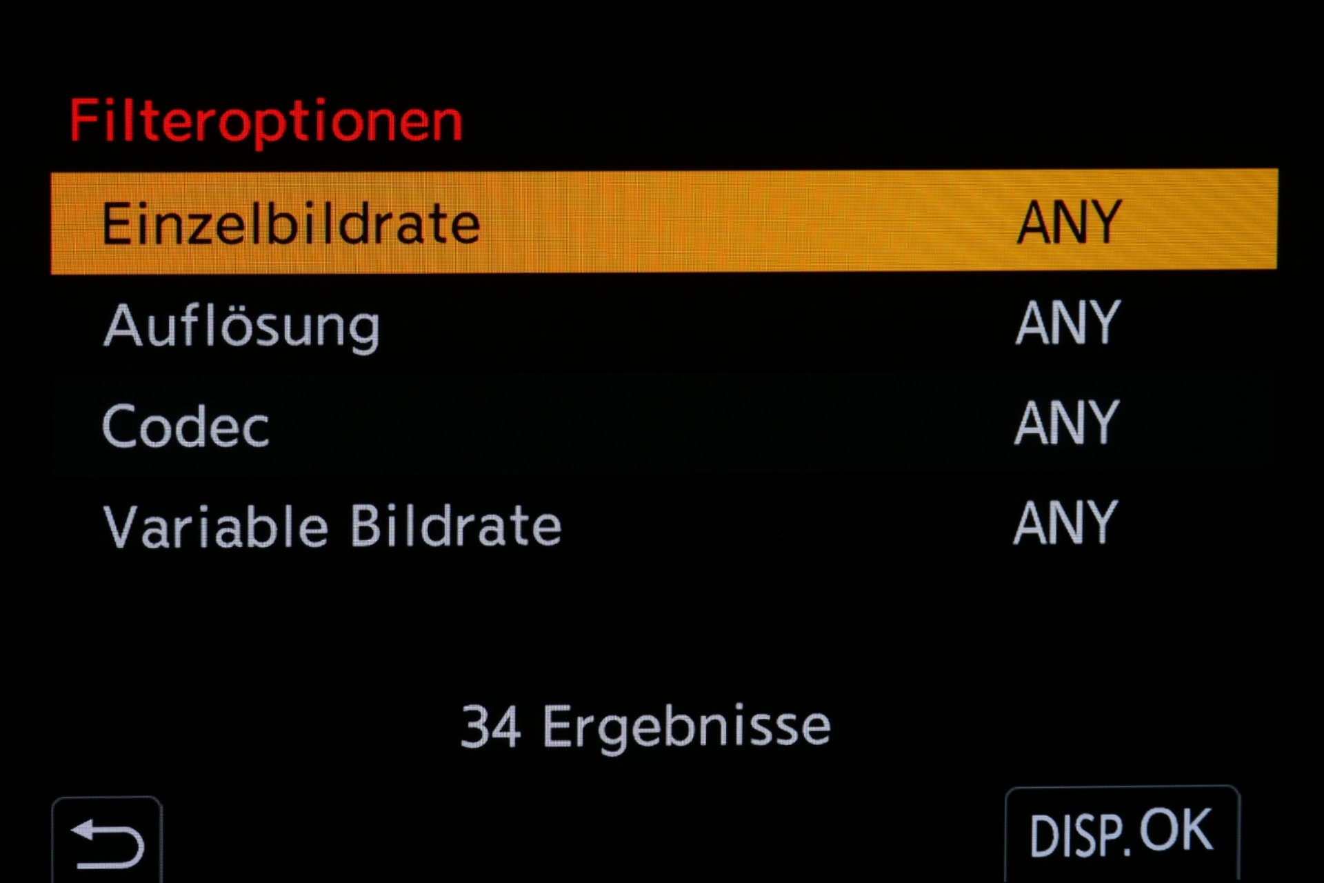 Filteroptionen für Videoformate.