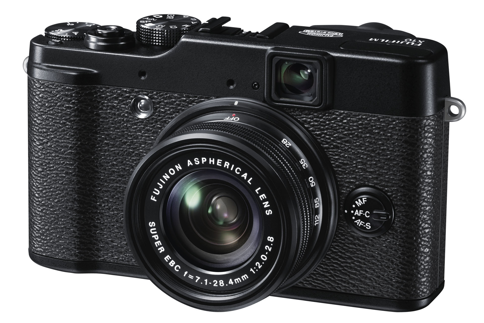 Mit der X10 bringt Fujifilm ihr zweites Modell der X-Serie heraus, die sich an versierte Fotoenthusiasten richtet. Die X10 ist im Retrodesign gestaltet und bietet ähnliche Funktionen und Bedienung wie die X100. Ihr 2/3-Zoll-Sensor ist jedoch kleiner, dafür ist sie aber mit einem lichtstarken 4x-Zoom ausgestattet. Das Zoom entspricht einer KB-Brennweite von 28-112mm und hat eine Lichtstärke von 1:2.0 in Weitwinkel- und 1:2.8 in Telestellung. Eingeschaltet wird die Kamera am Objektiv. Im Bild ist das Objektiv in "Off"-Position, d.h. die Kamera ausgeschaltet.