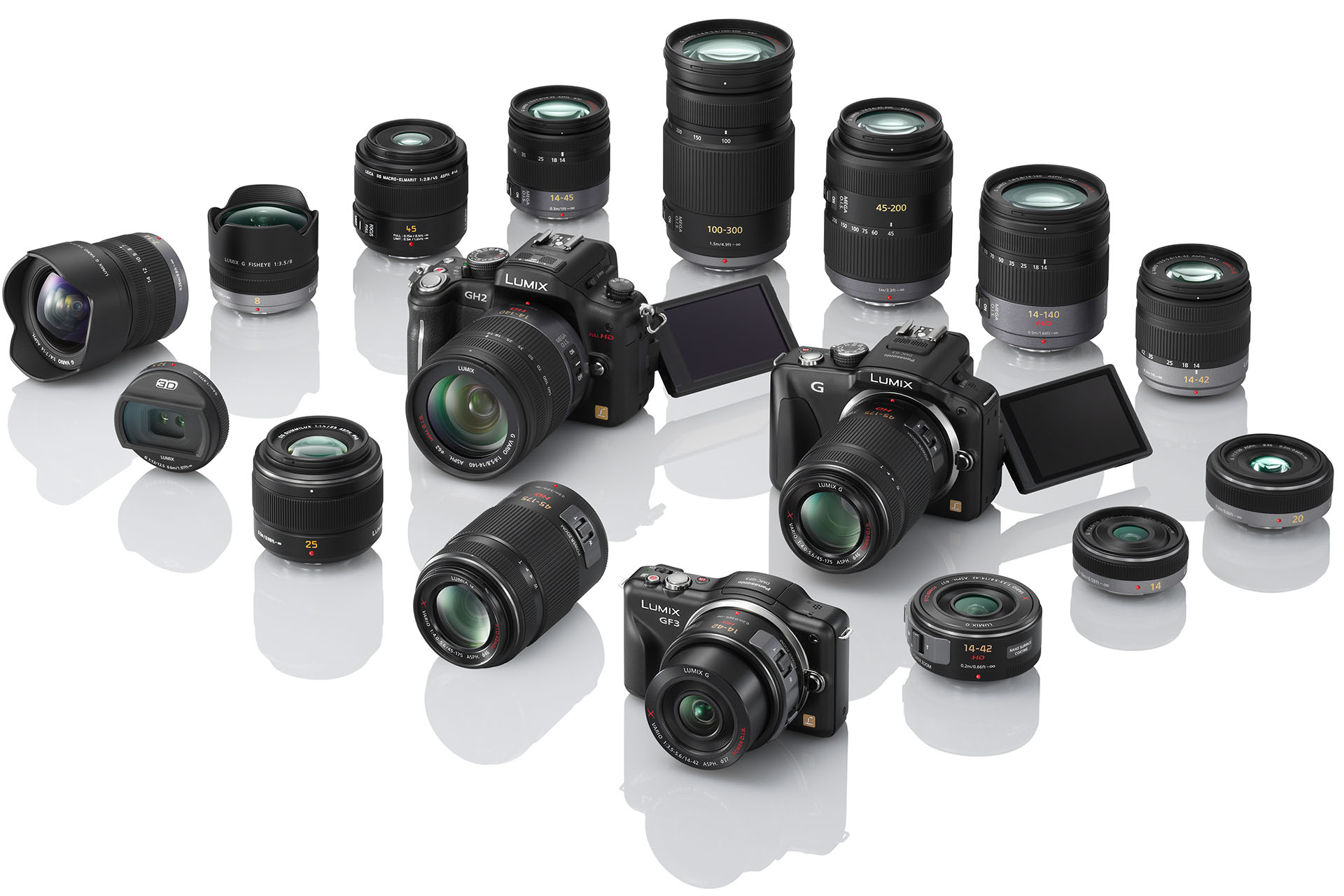 Panasonic hat mit den beiden Powerzooms und dem neuen 1:1,4 25mm Normalobjektiv ihr Objektivsortiment auf 14 G-Objektive ausgebaut. Zum G-System gehören auch die drei Kameras Lumix GH2, G3 und die neue GF3 (vorne).
