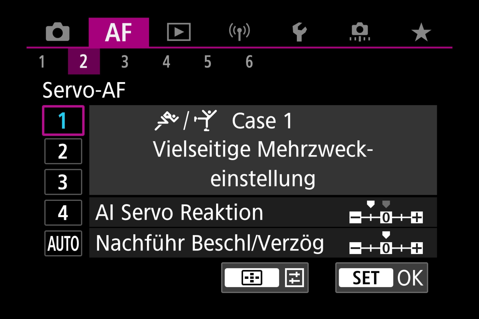 AF-Menüseite: Autofokus-Servo Fall 1.