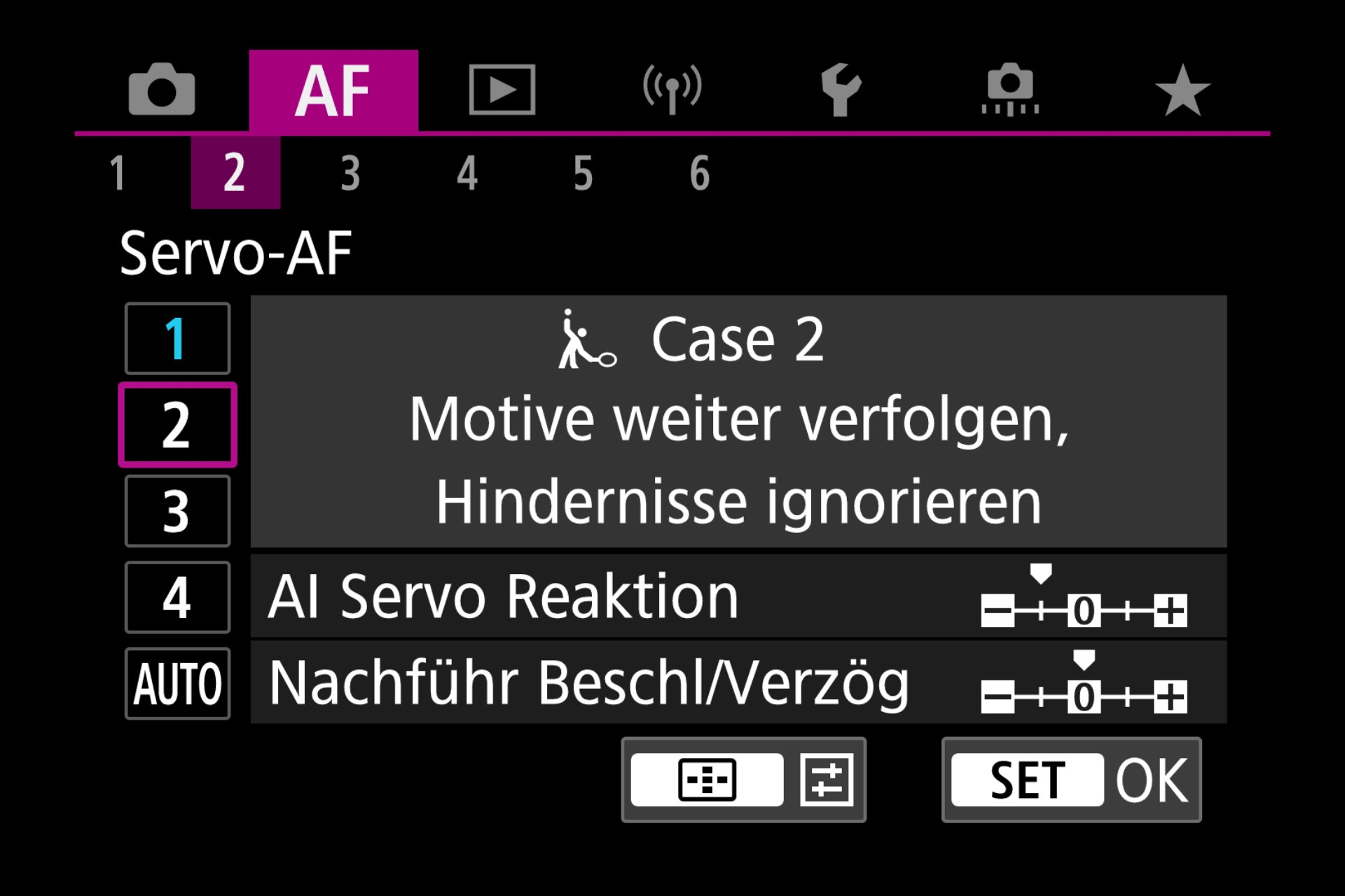 AF-Menüseite: Autofokus-Servo Fall 2.