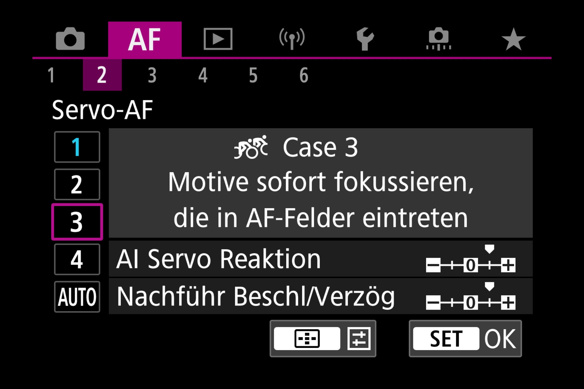 AF-Menüseite: Autofokus-Servo Fall 3.