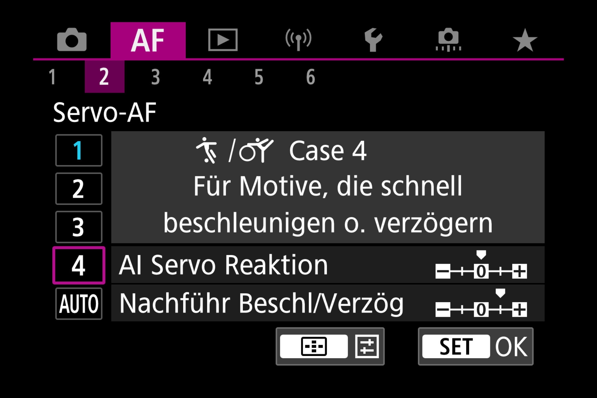AF-Menüseite: Autofokus-Servo Fall 4.