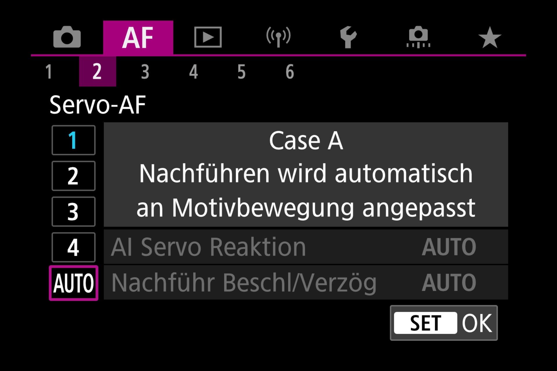 AF-Menüseite: Autofokus-Servo Automatik.