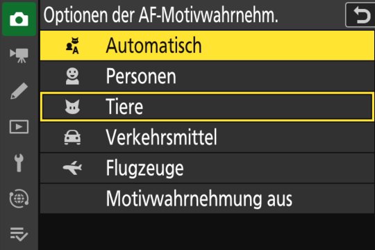 Menü zur Auswahl der AF-Motiverkennung, neu hinzugekommen ist «Flugzeuge».