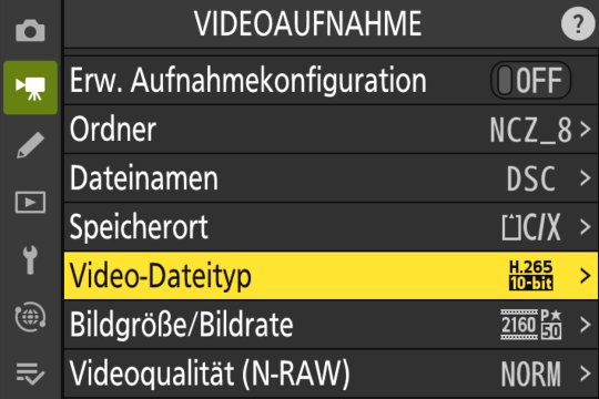 Menü Videoaufnahme: Video-Dateityp, Bildgrösse, Qualität.