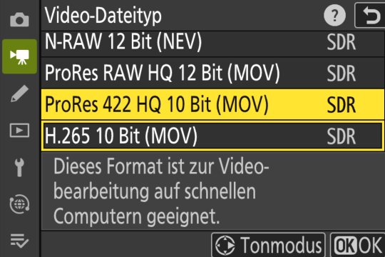 Menü Videoaufnahme: Video-Dateityp 01.