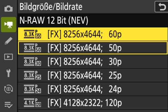Menü Videoaufnahme: Bildgrössen und -raten 01.