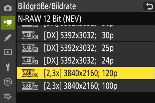 Menü Videoaufnahme: Bildgrössen und -raten 04.