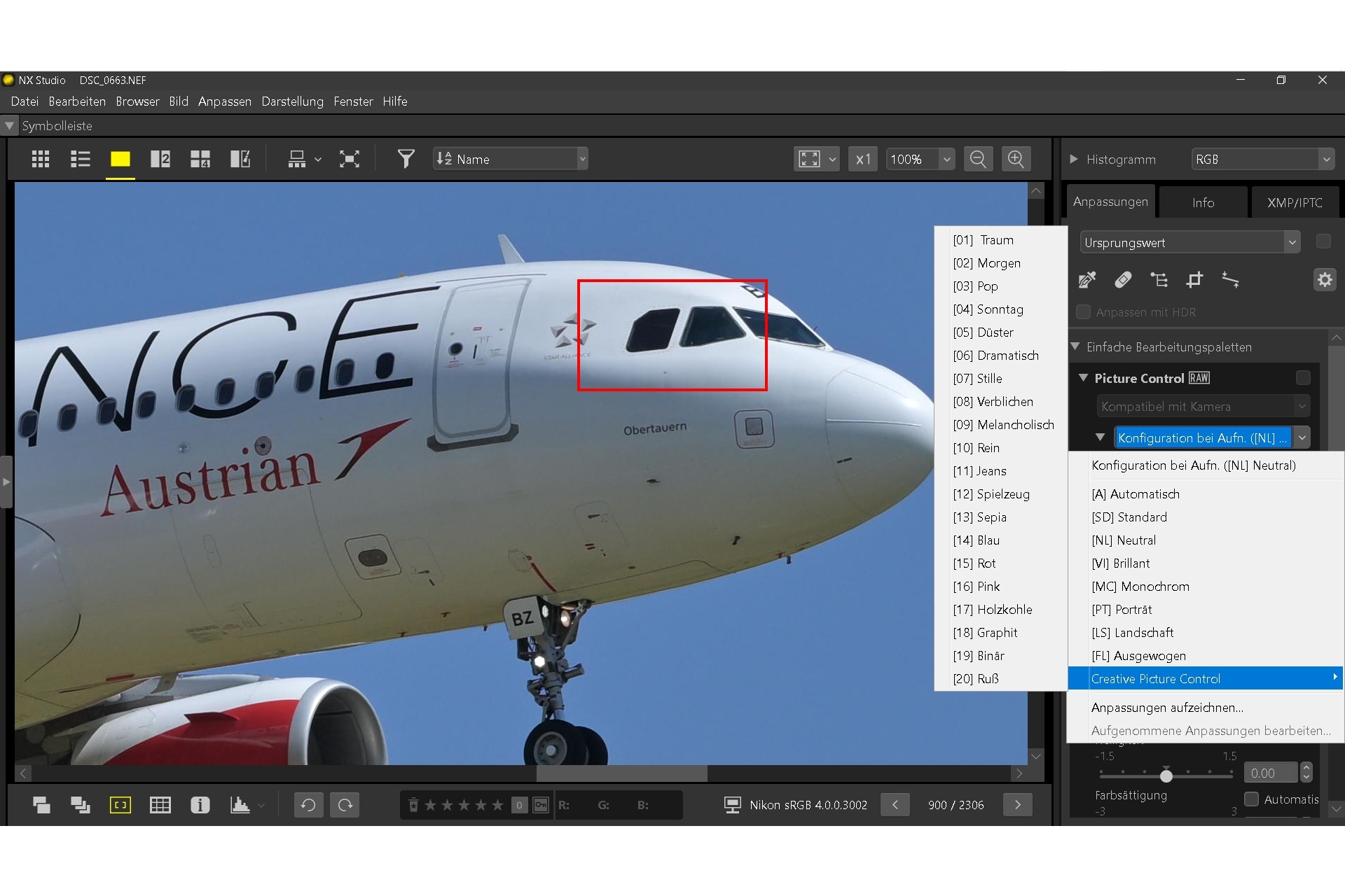 Nikon Z 8 RAW-Bearbeitung 3: Nikons NX-Studio-Software, rechts die unterschiedlichen «Picture-Control-Konfigurationen».
