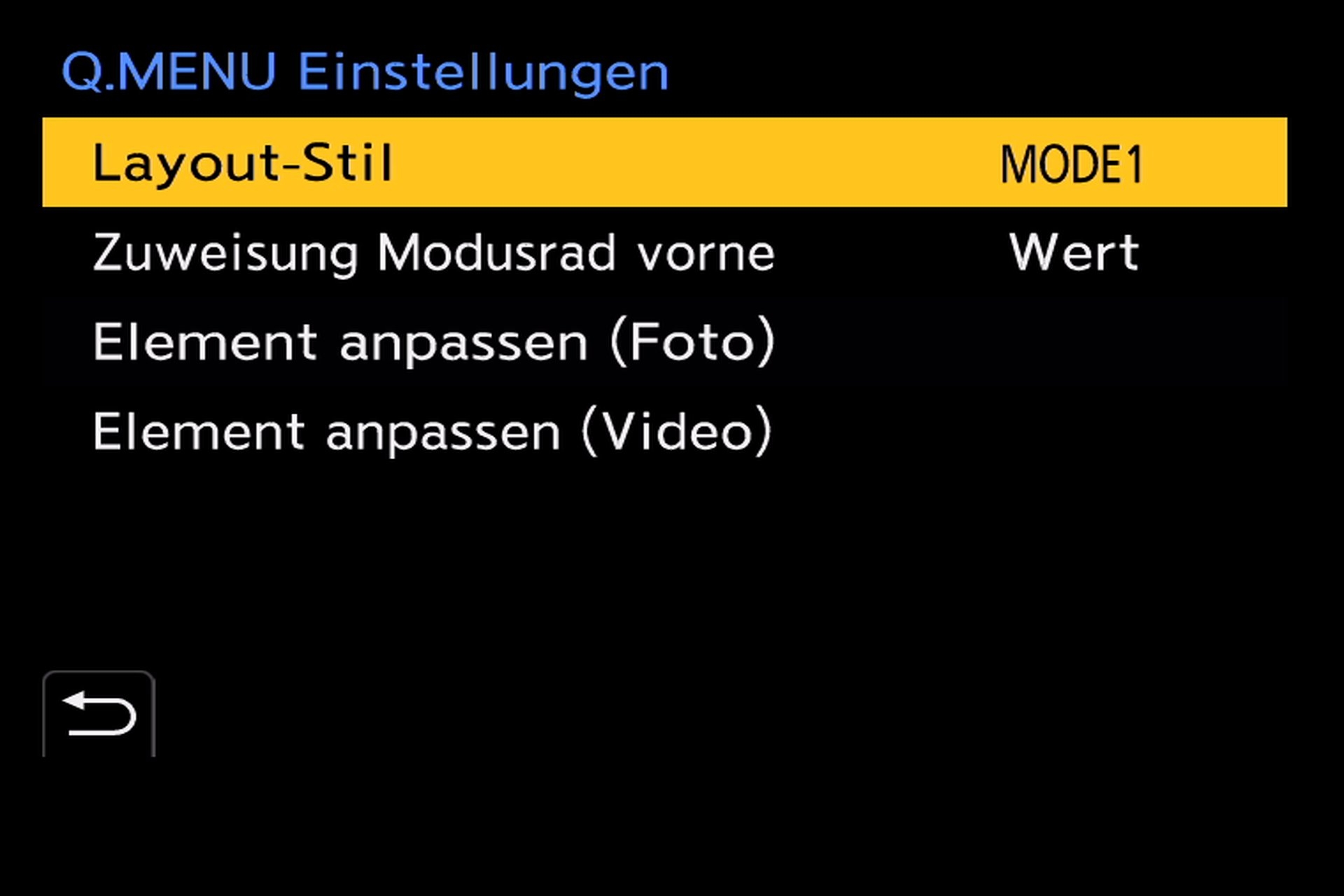 Quick-Menü Einstellungen