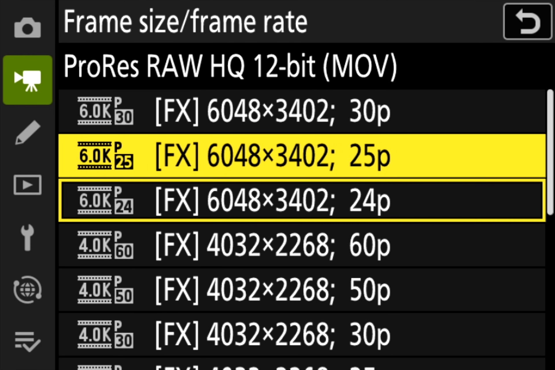Nikon Z6 III Videobildgrössen und -raten: In ProRes RAW HQ sind 6K-Aufnahmen mit bis zu 30 Bildern pro Sekunde möglich.