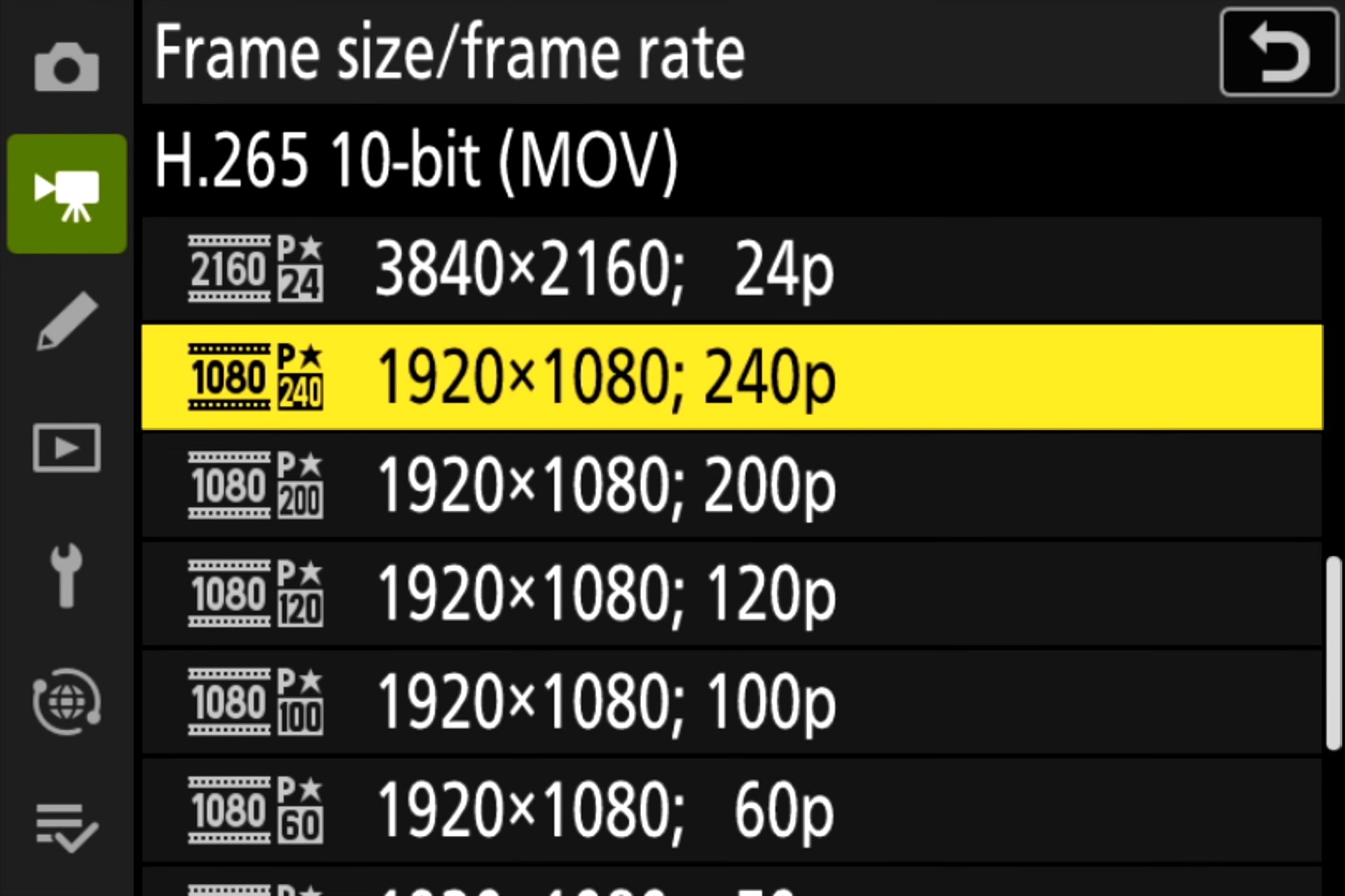Nikon Z6 III Videobildgrössen und -raten: Full-HD Aufnahmen in H.265 10-Bit sind mit bis zu 240 Bildern pro Sekunde möglich.