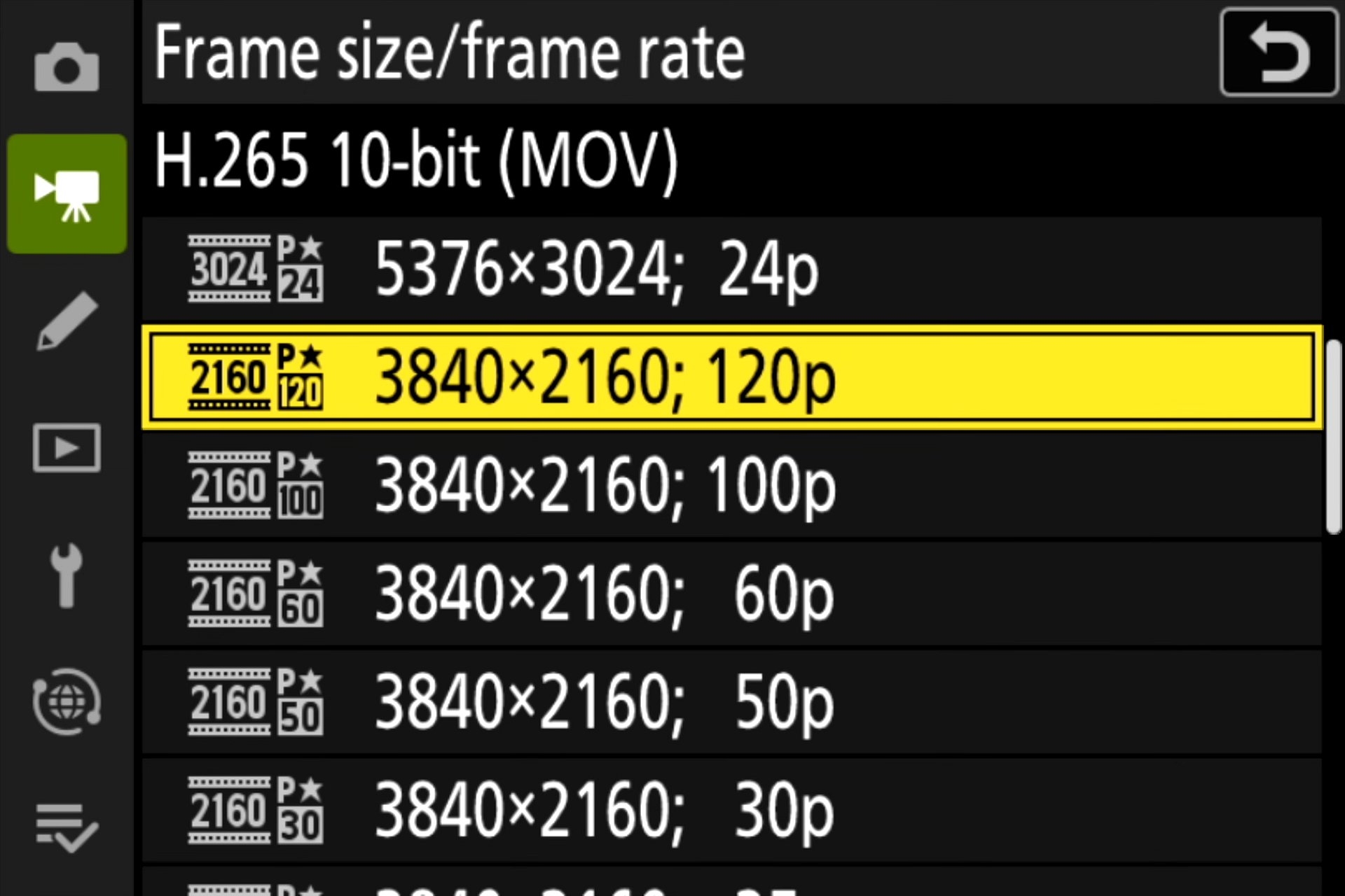 Nikon Z6 III Videobildgrössen und -raten: In H.265 10-Bit sind auch 4K-Aufnahmen mit bis zu 120 Bildern pro Sekunde möglich.